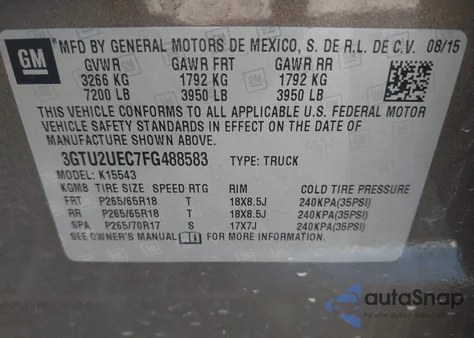 2015 GMC Sierra 1500 Sle z USA, uszkodzony, nr VIN 3GTU2UEC7FG488583